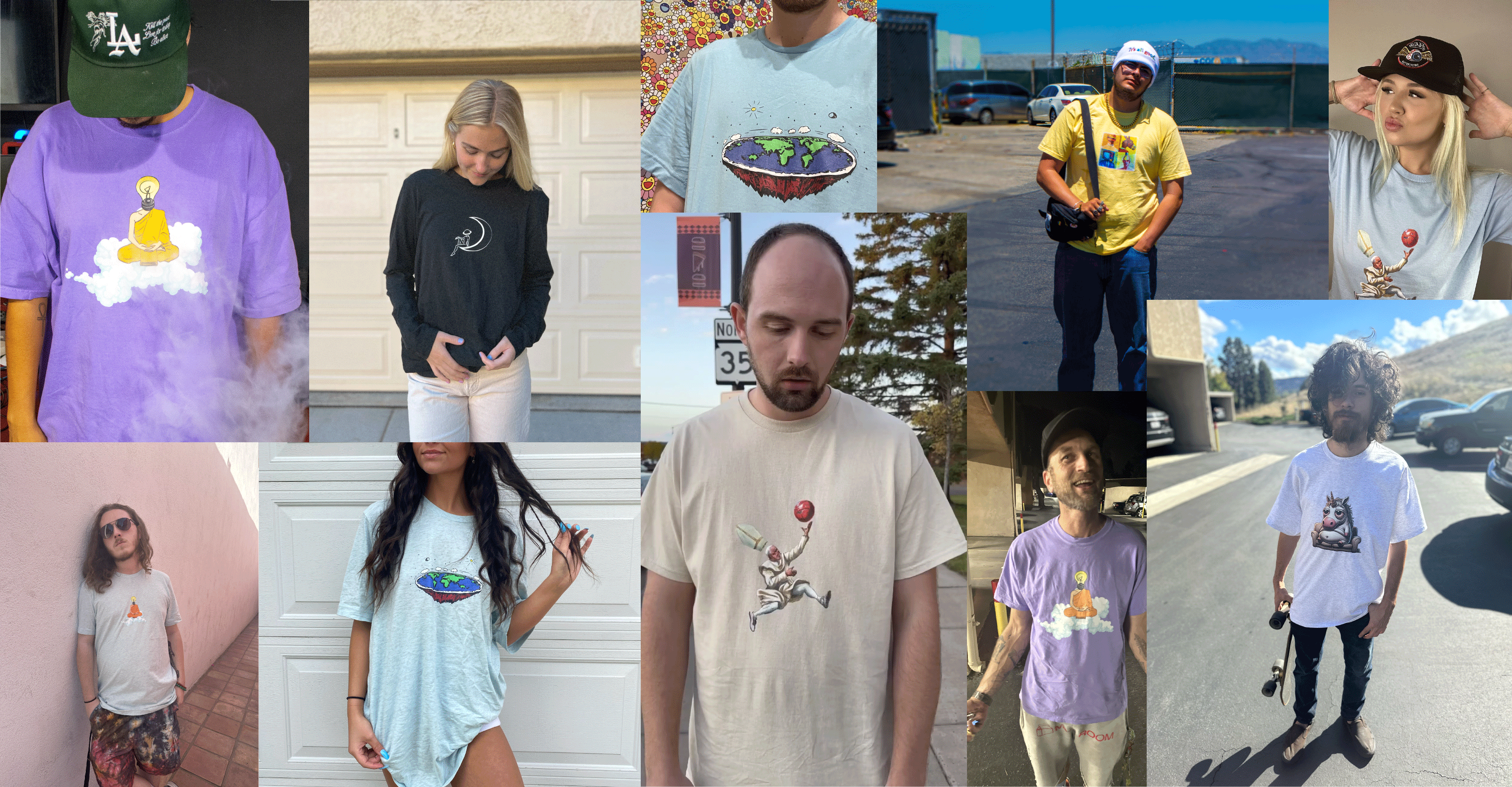 Happy customers showcasing their unique style in a vibrant collage of Top Shelf Tee's diverse and creative t-shirt designs, including TV head, unicorn, cool cat, and more, expressing individuality and the joy of wearing art