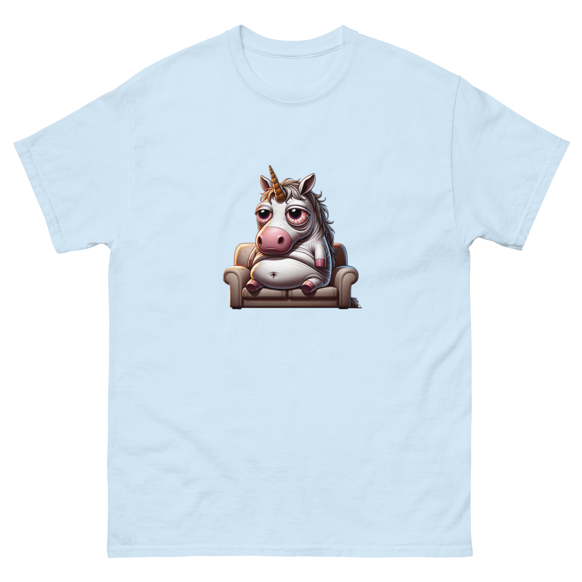 Humorous t-shirt with a cartoon illustration of a laid-back, overweight unicorn lounging on a couch, looking relaxed with bloodshot eyes, capturing a whimsical and slightly rebellious vibe. Perfect for adding a touch of humor and fantasy to your wardrobe