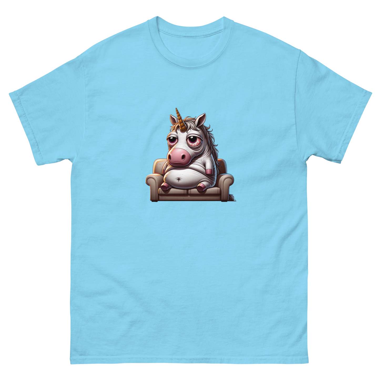 Humorous t-shirt with a cartoon illustration of a laid-back, overweight unicorn lounging on a couch, looking relaxed with bloodshot eyes, capturing a whimsical and slightly rebellious vibe. Perfect for adding a touch of humor and fantasy to your wardrobe