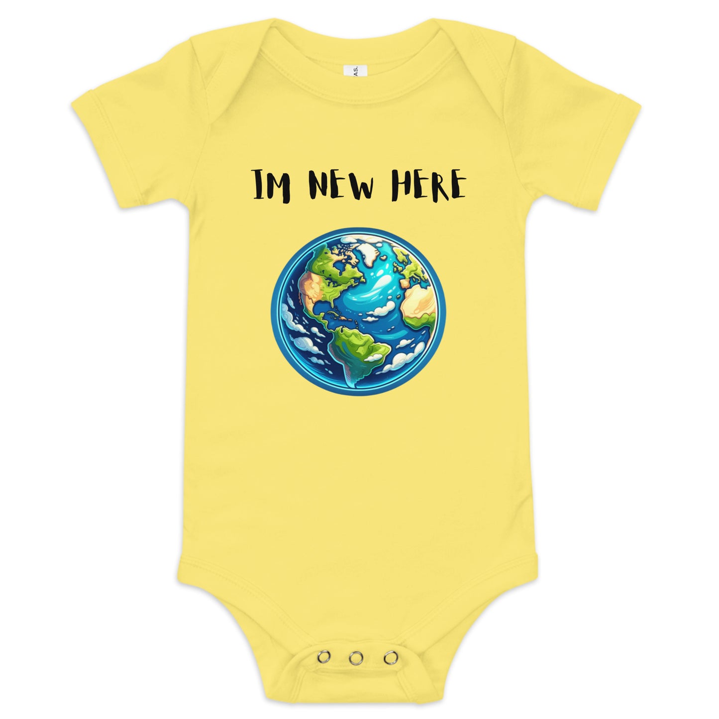 Adorable baby onesie with a vibrant Earth illustration and 'I'm New Here' text, perfect for introducing the newest little explorer to the world. Made from soft, comfortable fabric for your baby's delicate skin