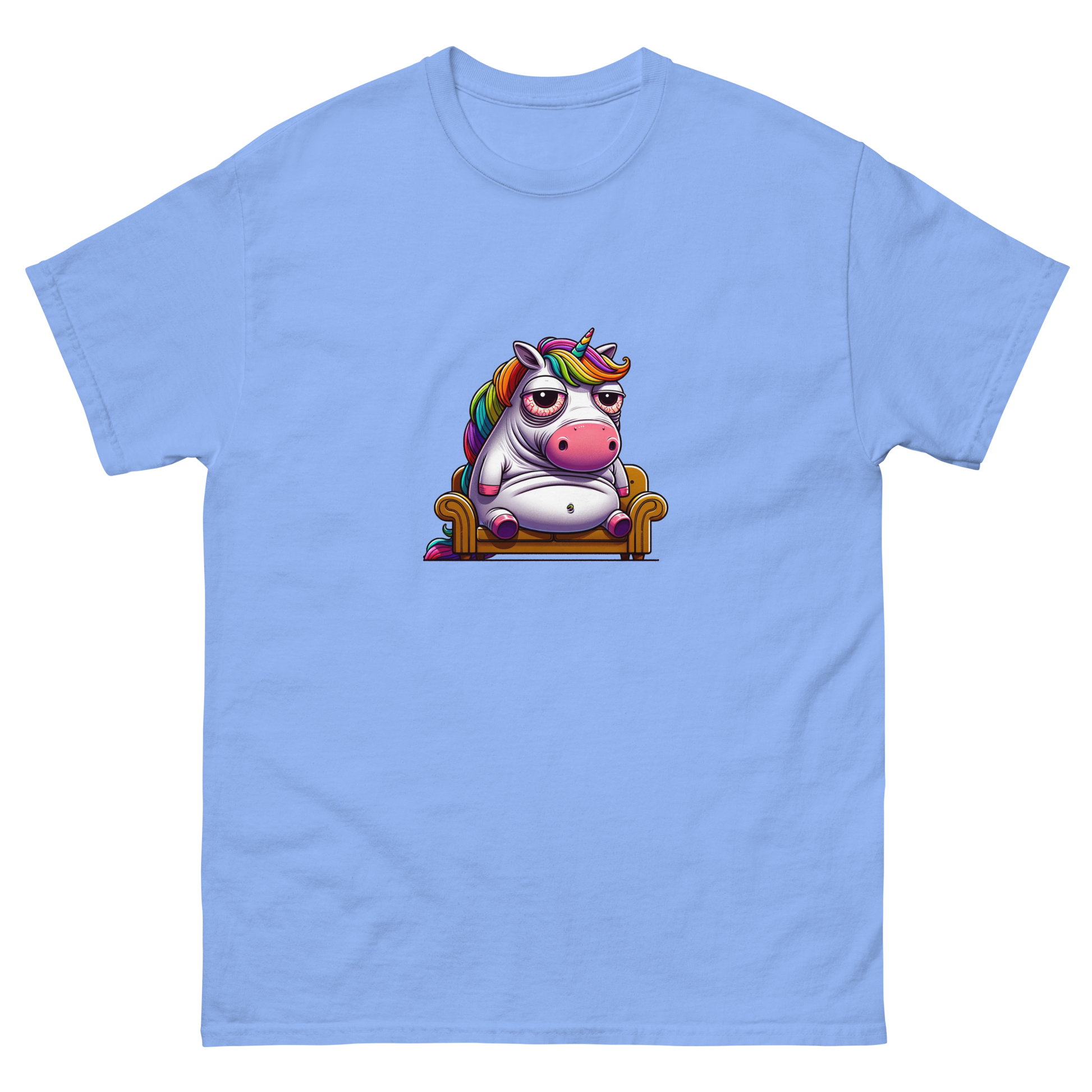 Vibrantly colored t-shirt featuring a whimsical unicorn cartoon, lounging with a relaxed, carefree attitude, enhanced by a rainbow of hues for an eye-catching look. Ideal for those who love to combine humor with a splash of color in their wardrobe