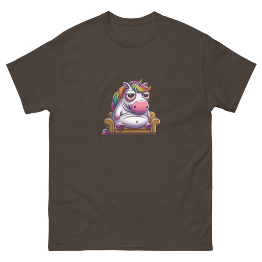 Vibrantly colored t-shirt featuring a whimsical unicorn cartoon, lounging with a relaxed, carefree attitude, enhanced by a rainbow of hues for an eye-catching look. Ideal for those who love to combine humor with a splash of color in their wardrobe