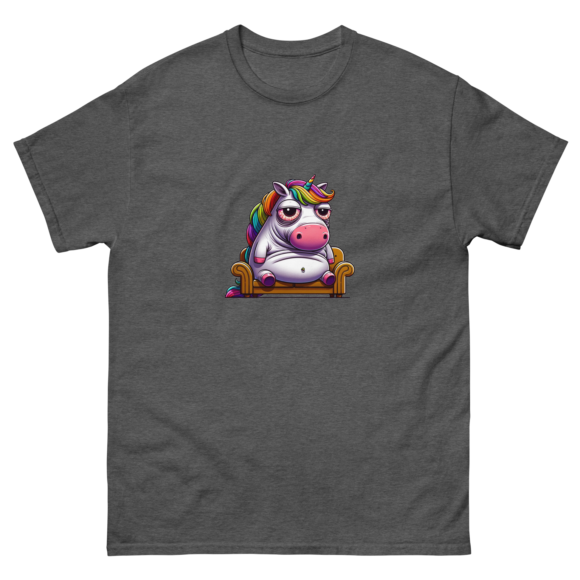 Vibrantly colored t-shirt featuring a whimsical unicorn cartoon, lounging with a relaxed, carefree attitude, enhanced by a rainbow of hues for an eye-catching look. Ideal for those who love to combine humor with a splash of color in their wardrobe
