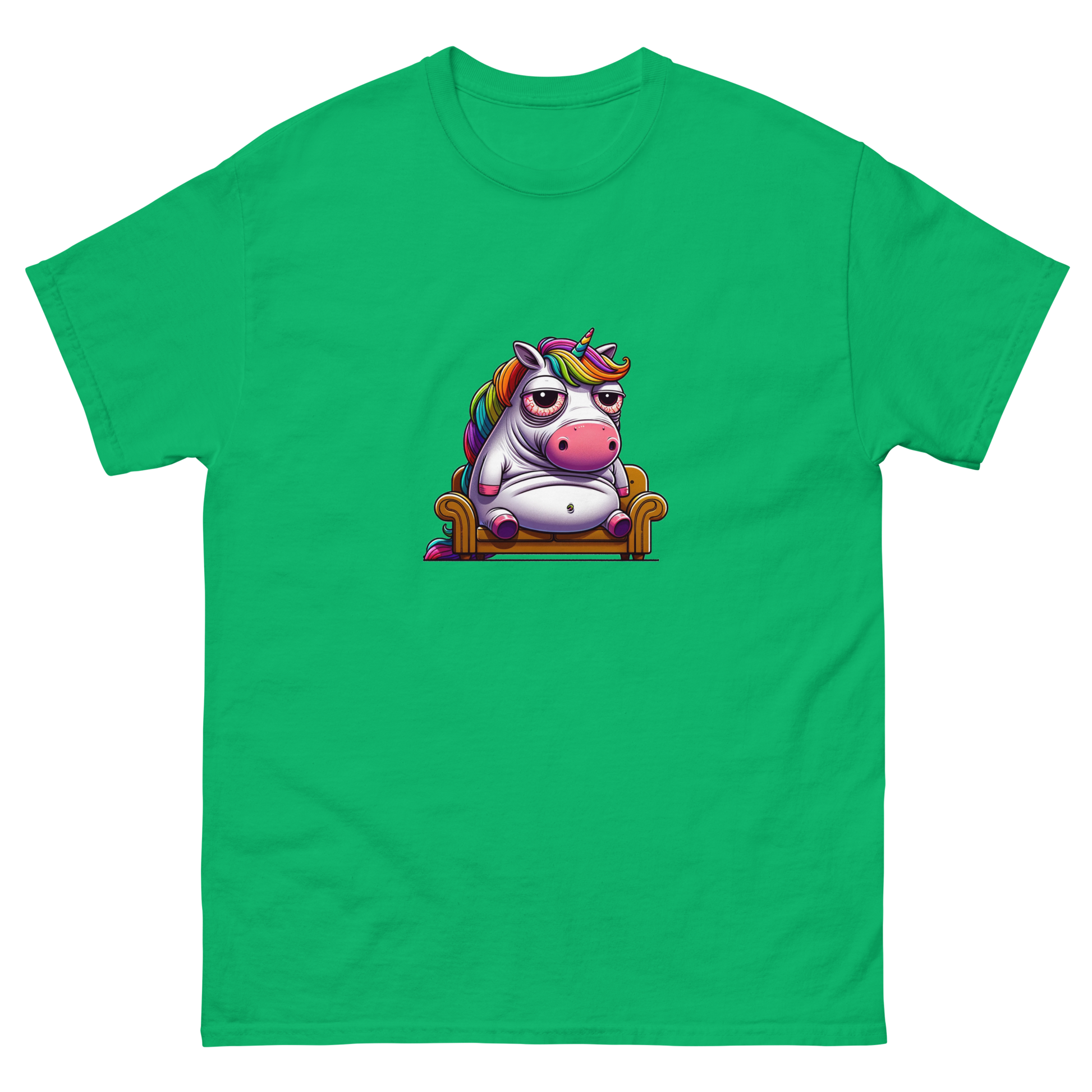 Vibrantly colored t-shirt featuring a whimsical unicorn cartoon, lounging with a relaxed, carefree attitude, enhanced by a rainbow of hues for an eye-catching look. Ideal for those who love to combine humor with a splash of color in their wardrobe