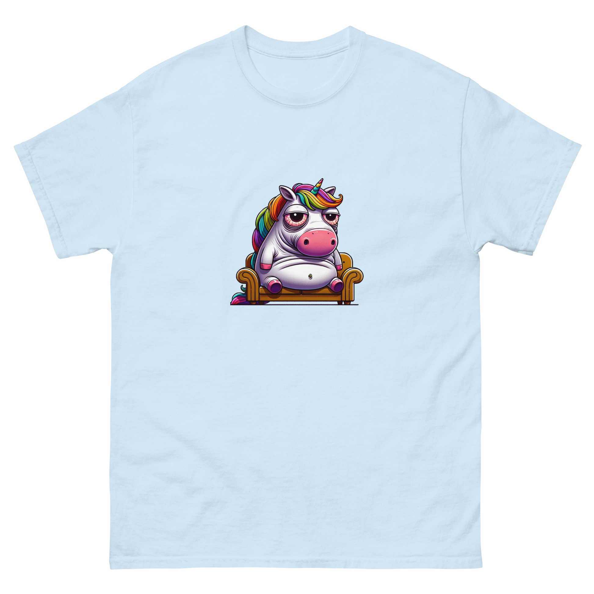 Vibrantly colored t-shirt featuring a whimsical unicorn cartoon, lounging with a relaxed, carefree attitude, enhanced by a rainbow of hues for an eye-catching look. Ideal for those who love to combine humor with a splash of color in their wardrobe