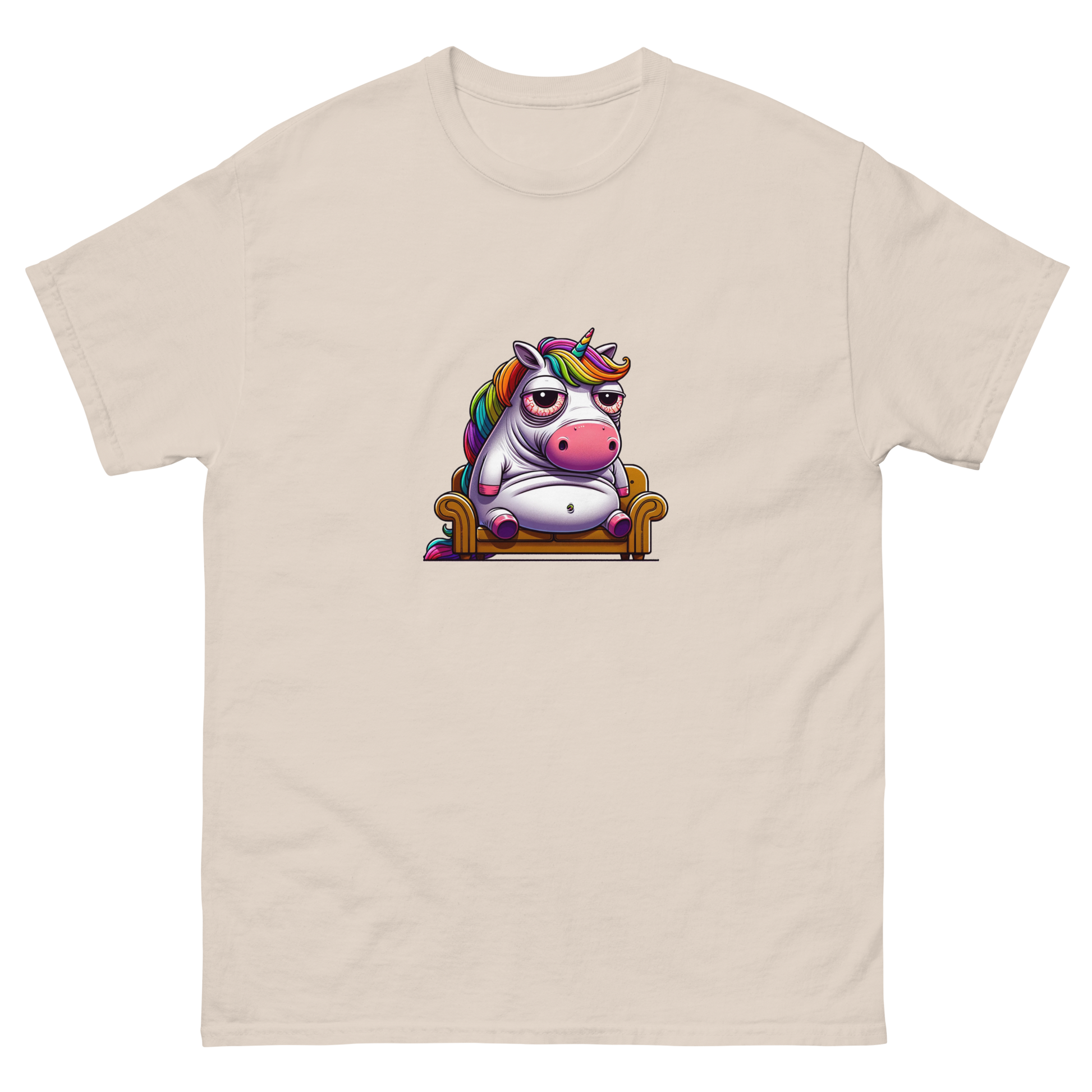 Vibrantly colored t-shirt featuring a whimsical unicorn cartoon, lounging with a relaxed, carefree attitude, enhanced by a rainbow of hues for an eye-catching look. Ideal for those who love to combine humor with a splash of color in their wardrobe