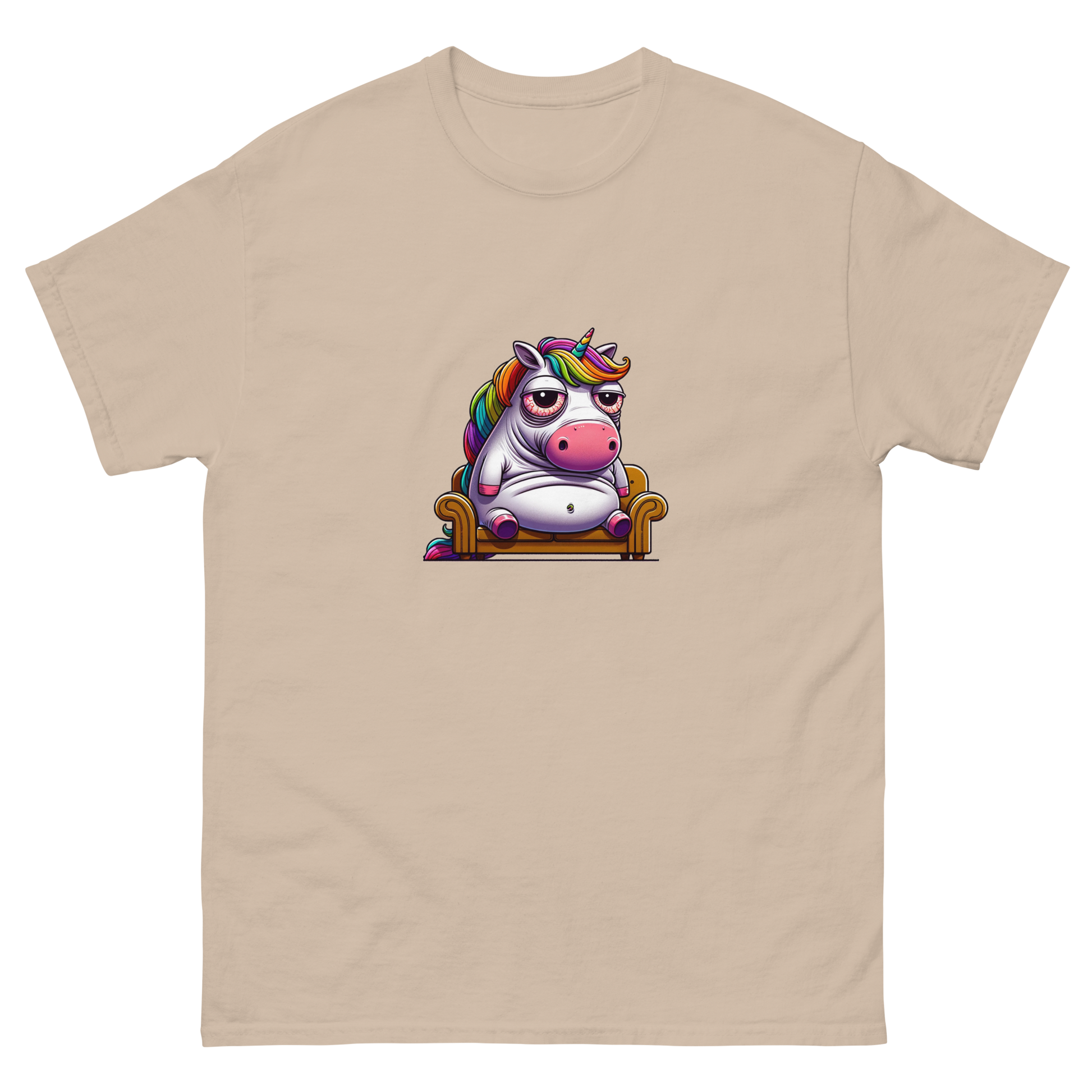 Vibrantly colored t-shirt featuring a whimsical unicorn cartoon, lounging with a relaxed, carefree attitude, enhanced by a rainbow of hues for an eye-catching look. Ideal for those who love to combine humor with a splash of color in their wardrobe