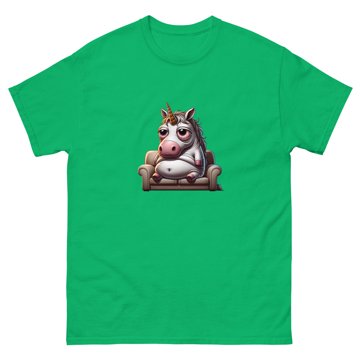 Humorous t-shirt with a cartoon illustration of a laid-back, overweight unicorn lounging on a couch, looking relaxed with bloodshot eyes, capturing a whimsical and slightly rebellious vibe. Perfect for adding a touch of humor and fantasy to your wardrobe