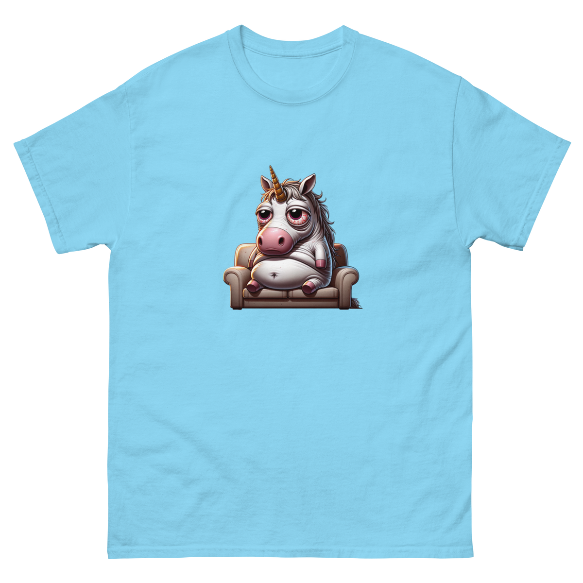 Humorous t-shirt with a cartoon illustration of a laid-back, overweight unicorn lounging on a couch, looking relaxed with bloodshot eyes, capturing a whimsical and slightly rebellious vibe. Perfect for adding a touch of humor and fantasy to your wardrobe