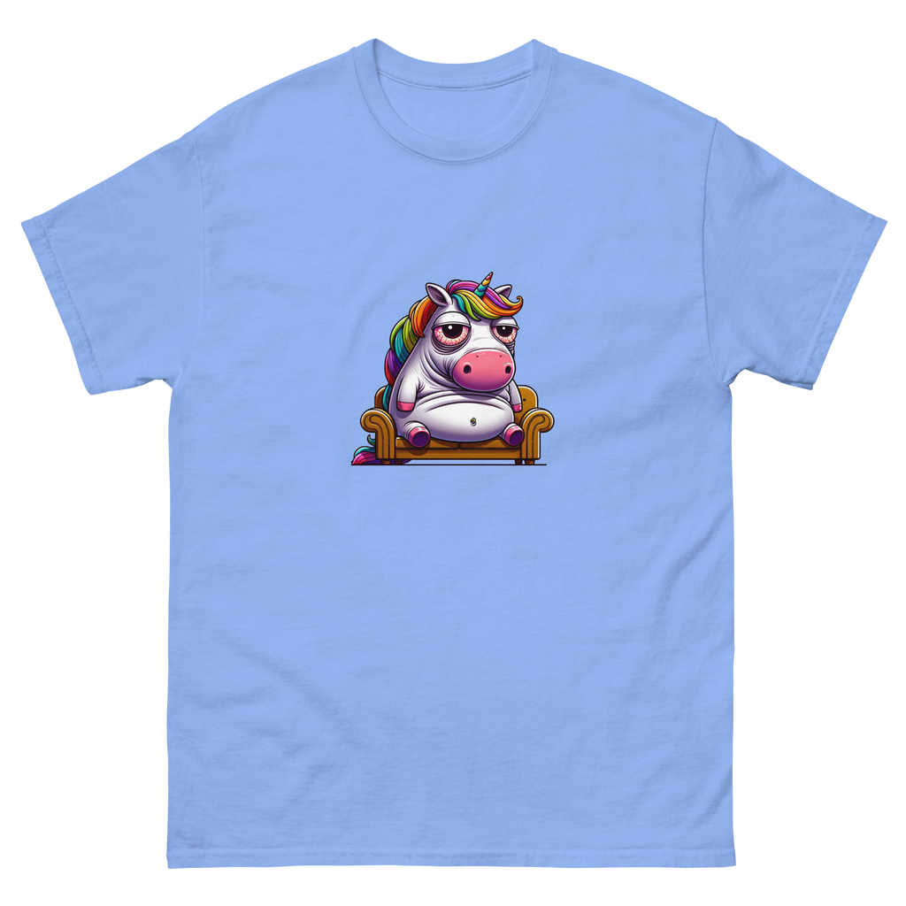 Vibrantly colored t-shirt featuring a whimsical unicorn cartoon, lounging with a relaxed, carefree attitude, enhanced by a rainbow of hues for an eye-catching look. Ideal for those who love to combine humor with a splash of color in their wardrobe