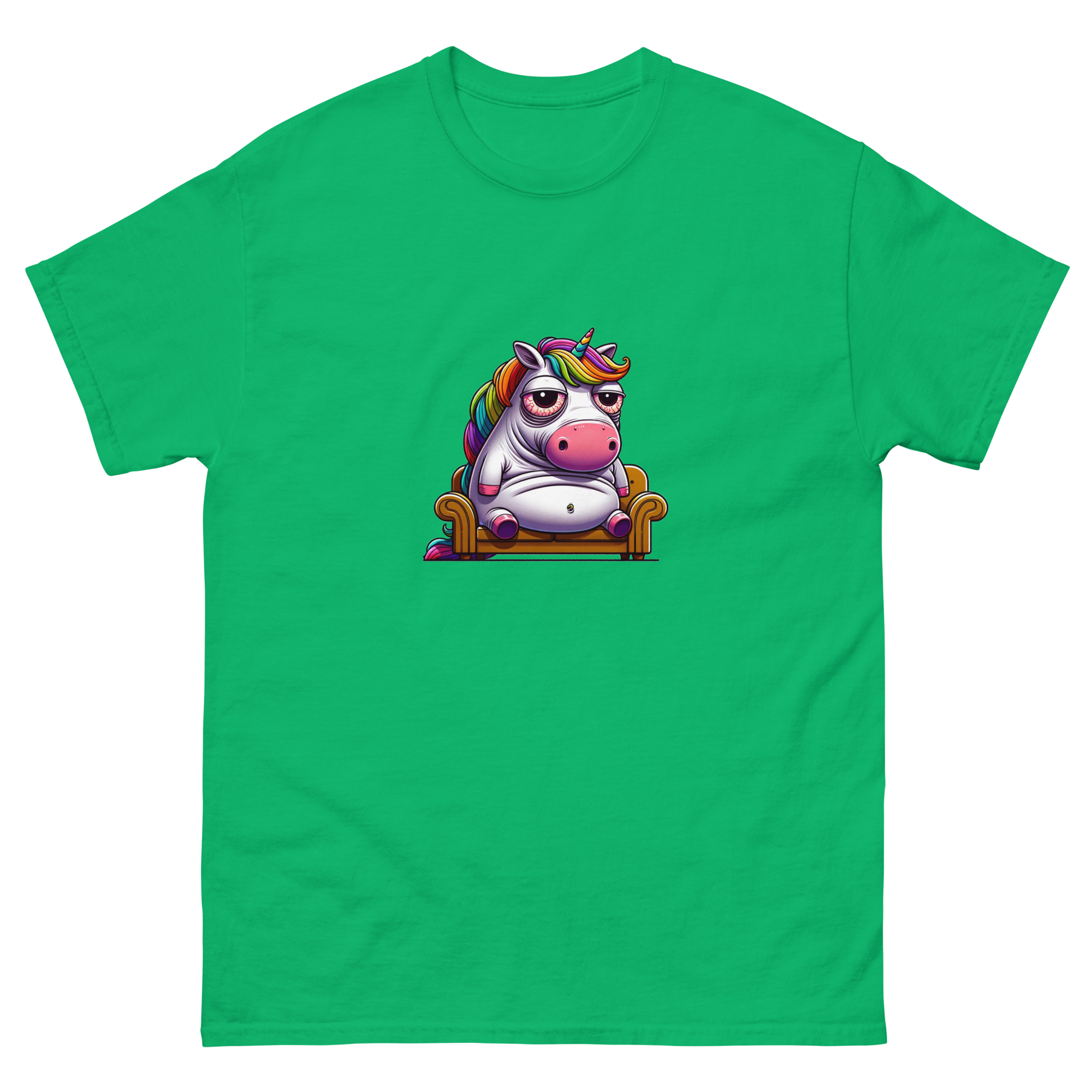 Vibrantly colored t-shirt featuring a whimsical unicorn cartoon, lounging with a relaxed, carefree attitude, enhanced by a rainbow of hues for an eye-catching look. Ideal for those who love to combine humor with a splash of color in their wardrobe