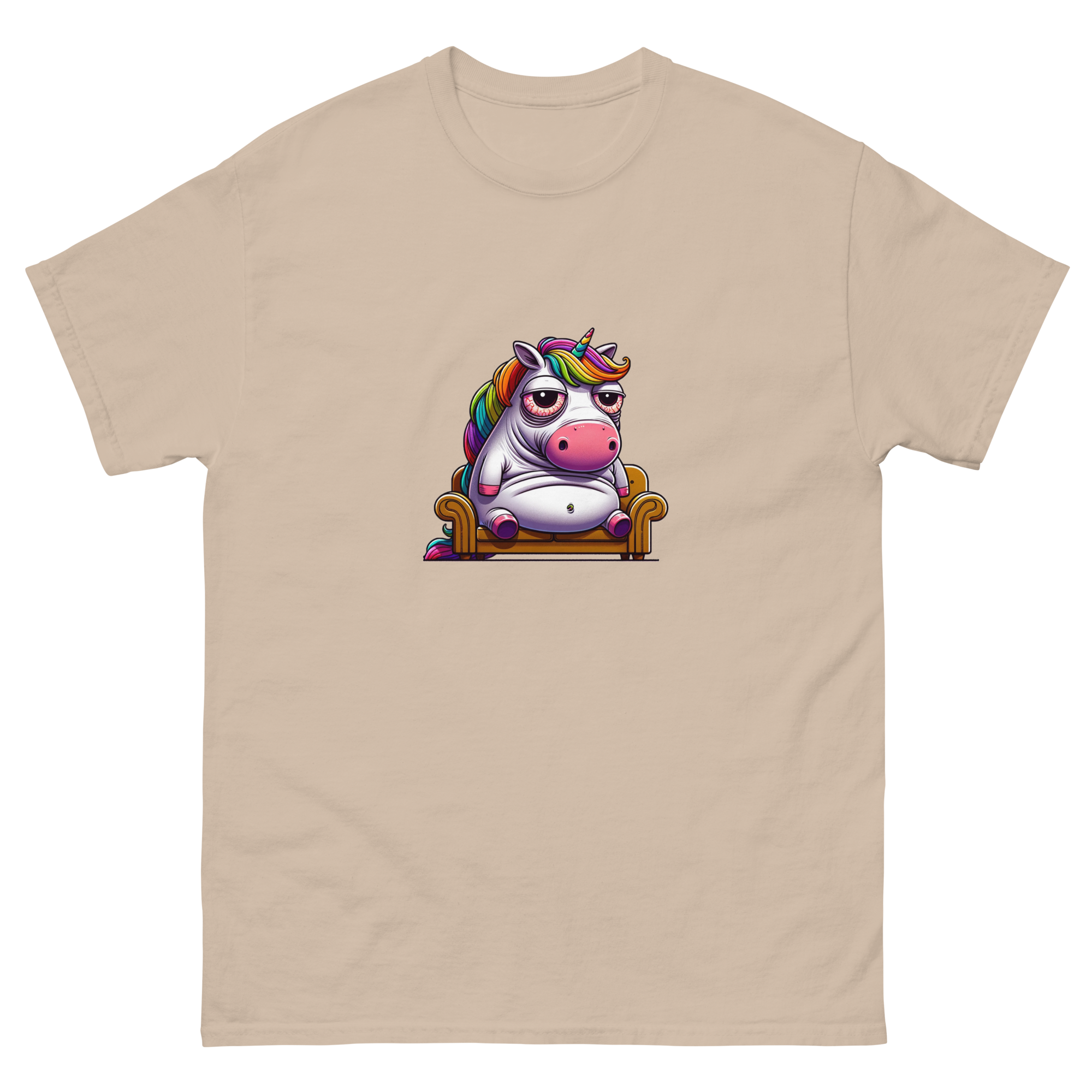 Vibrantly colored t-shirt featuring a whimsical unicorn cartoon, lounging with a relaxed, carefree attitude, enhanced by a rainbow of hues for an eye-catching look. Ideal for those who love to combine humor with a splash of color in their wardrobe
